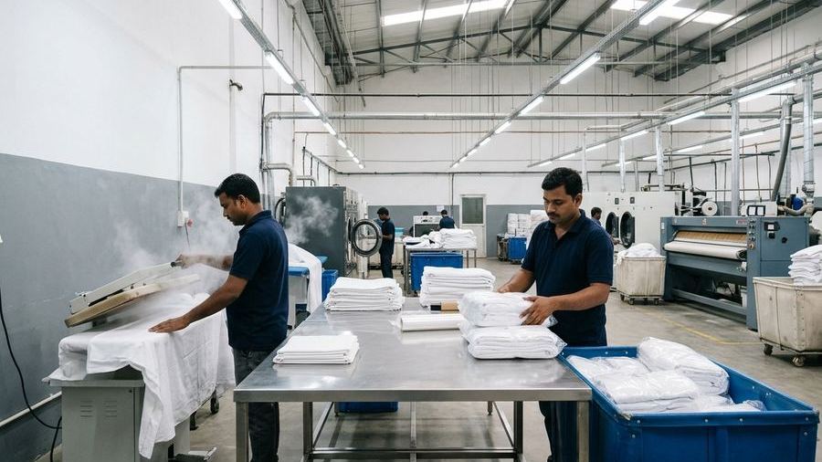 Hospital linen being steam-pressed and inspected