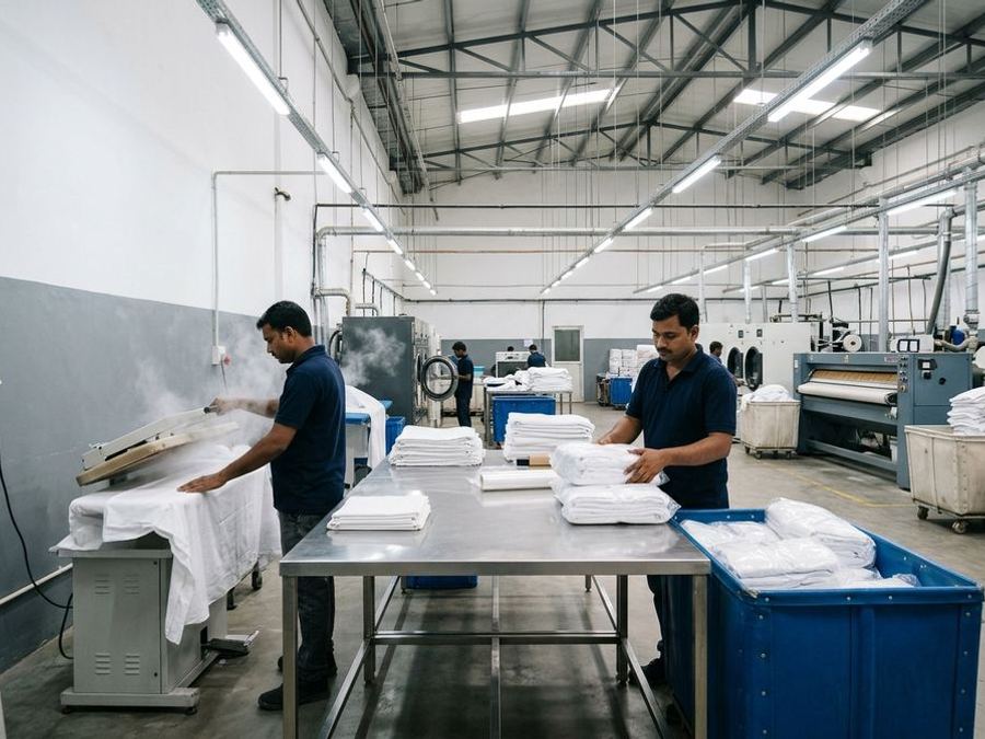 Hospital linen being steam-pressed and inspected