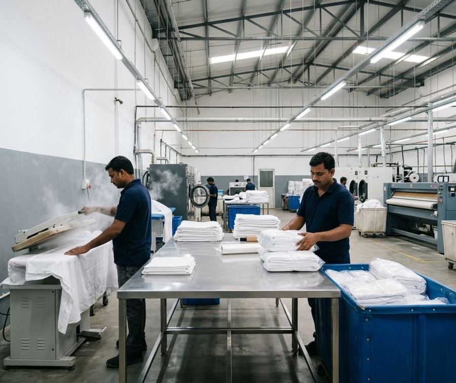 White hospital-grade linen being steam-pressed and inspected at Apex ProWash, Faridabad