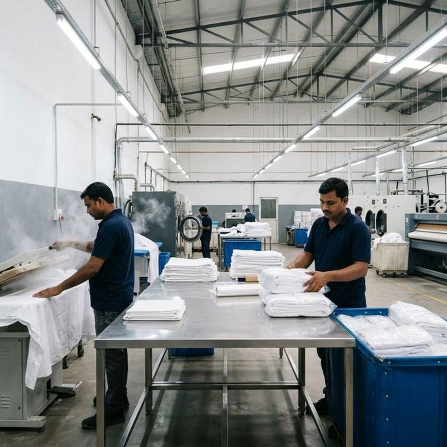 White linen being steam-pressed and quality-checked