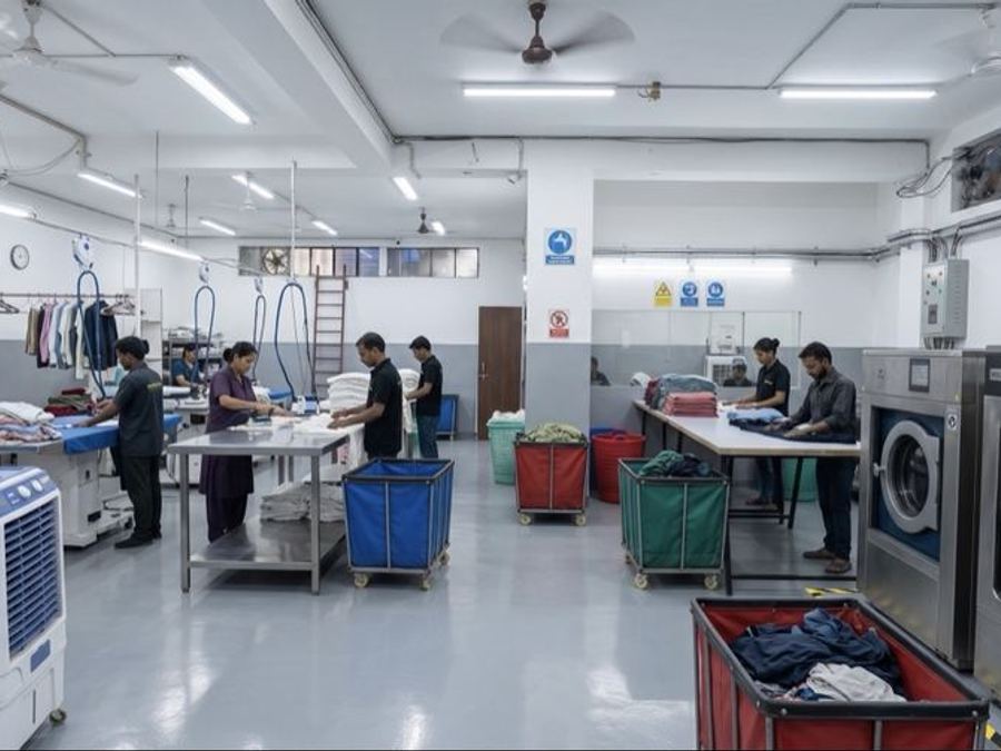 Garments being sorted and pressed