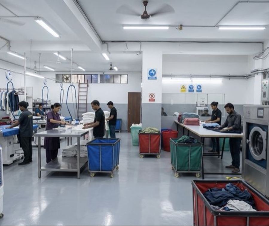 Garments being sorted, pressed and quality-checked at the Apex ProWash laundry in Faridabad