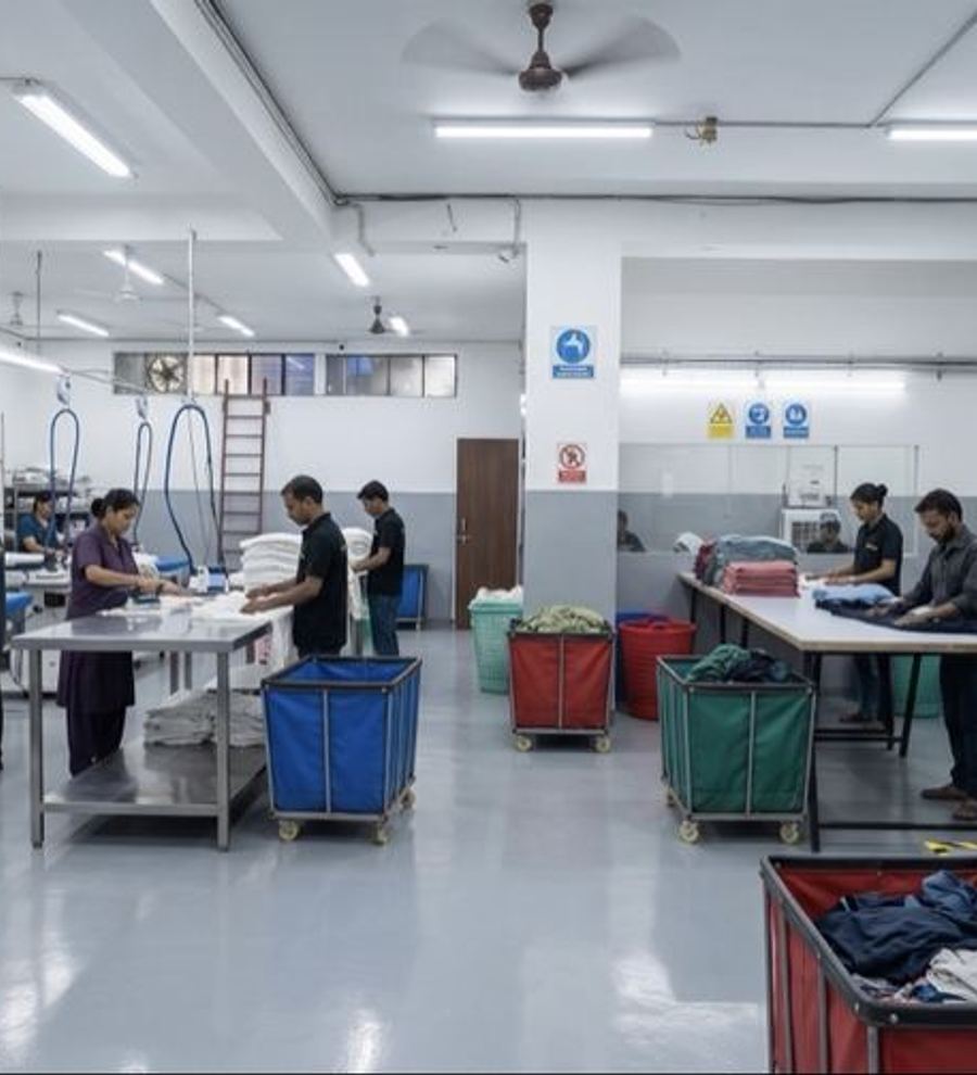Inside the Apex ProWash Bulk Care laundry facility in Faridabad: industrial washers, sorting carts and finishing tables