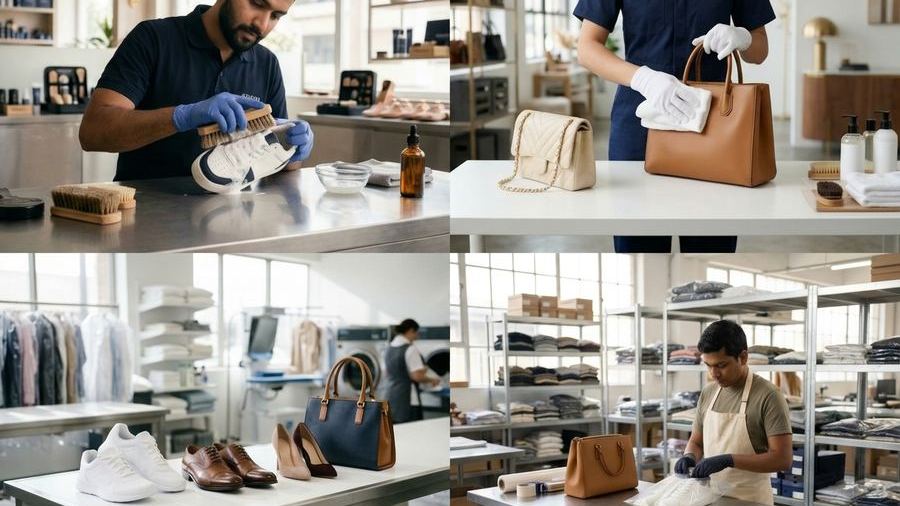 Sneakers, leather shoes and handbags being cleaned by hand