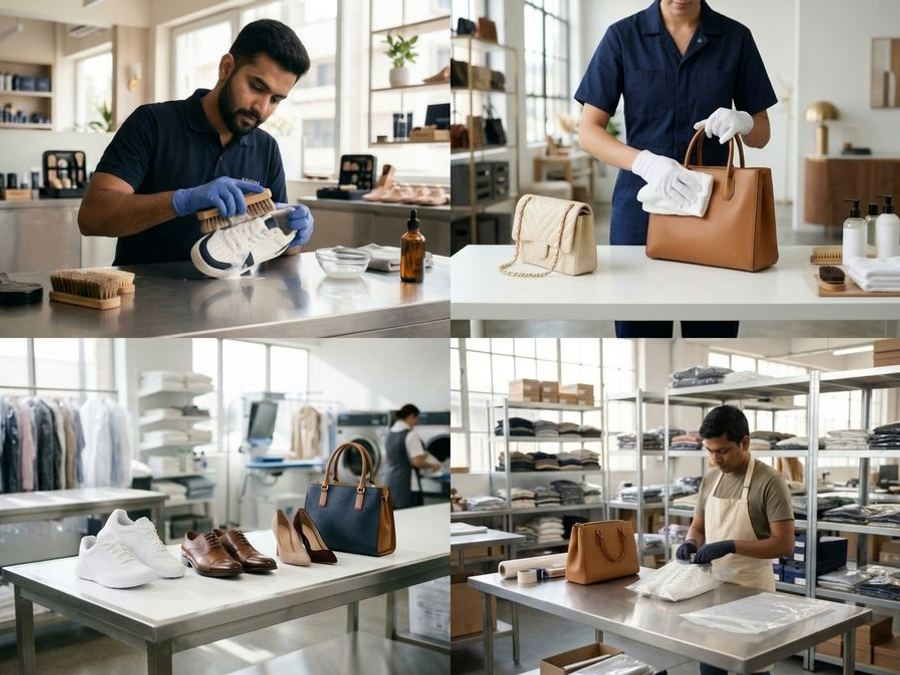 Shoes and handbags being cleaned by hand